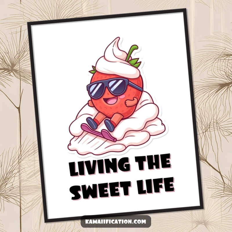 Free Printable wall art of a happy strawberry with sunglasses dramatically sliding down whipped cream.