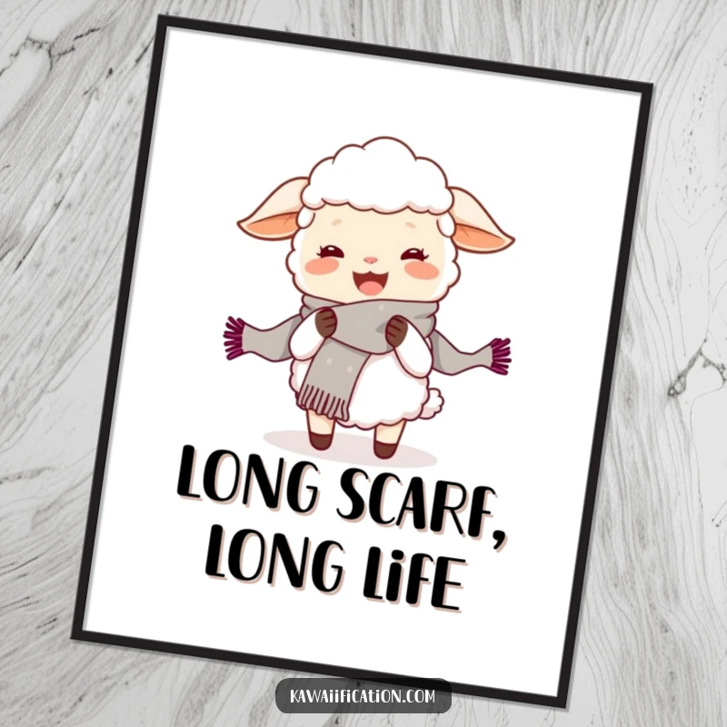 Funny free printable wall art featuring a joyful sheep humorously knitting a scarf that's way too long, perfect downloadable decor.