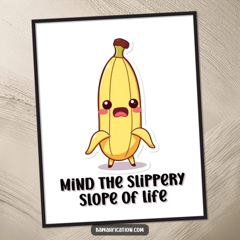 Funny Free Printable Wall Art: A startled banana character mid-slip, its peel flying comically, perfect for humor lovers.