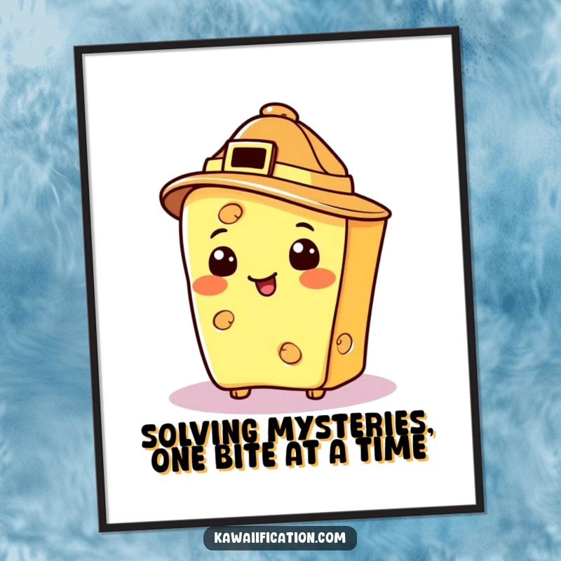 Funny Free Printable Wall Art of a proud cheese slice in a detective hat, exuding mystery and cheesy charm.
