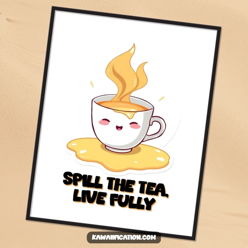 Funny free printable wall art of a cheerful teacup character humorously spilling its hot liquid, a delightful downloadable.
