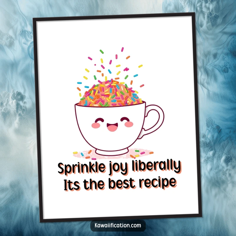 Funny free printable wall art of a charming teacup overflowing with a cascade of colorful, dancing sprinkles.