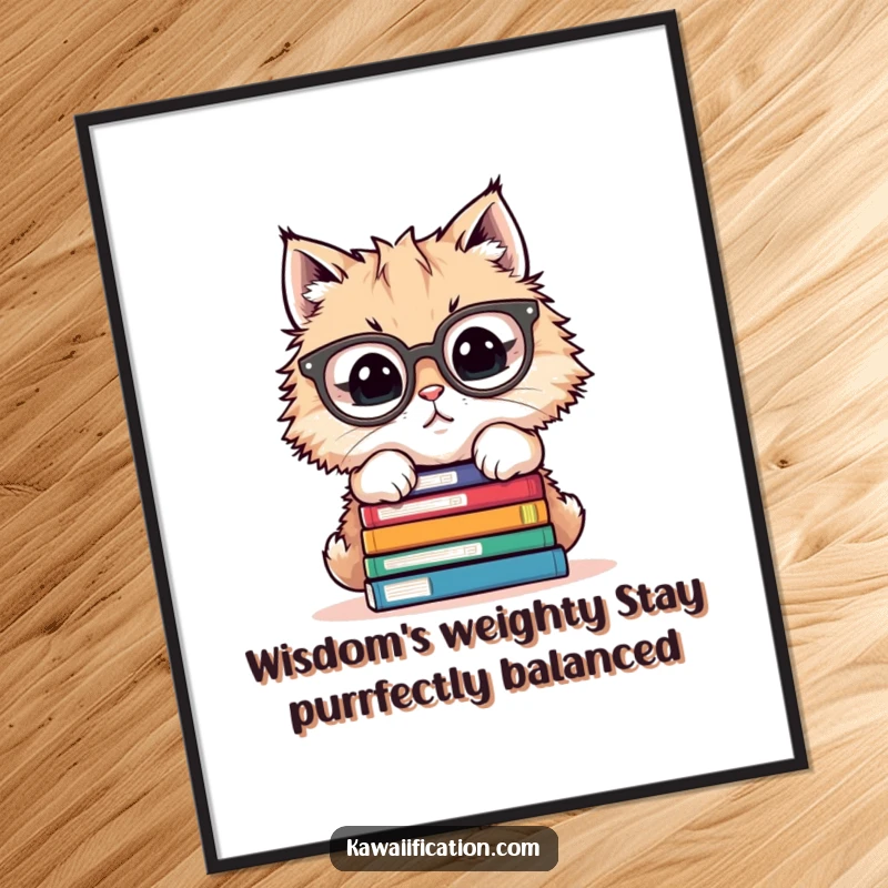 Funny free printable wall art of a fluffy cat in oversized glasses trying to balance a precarious stack of books.