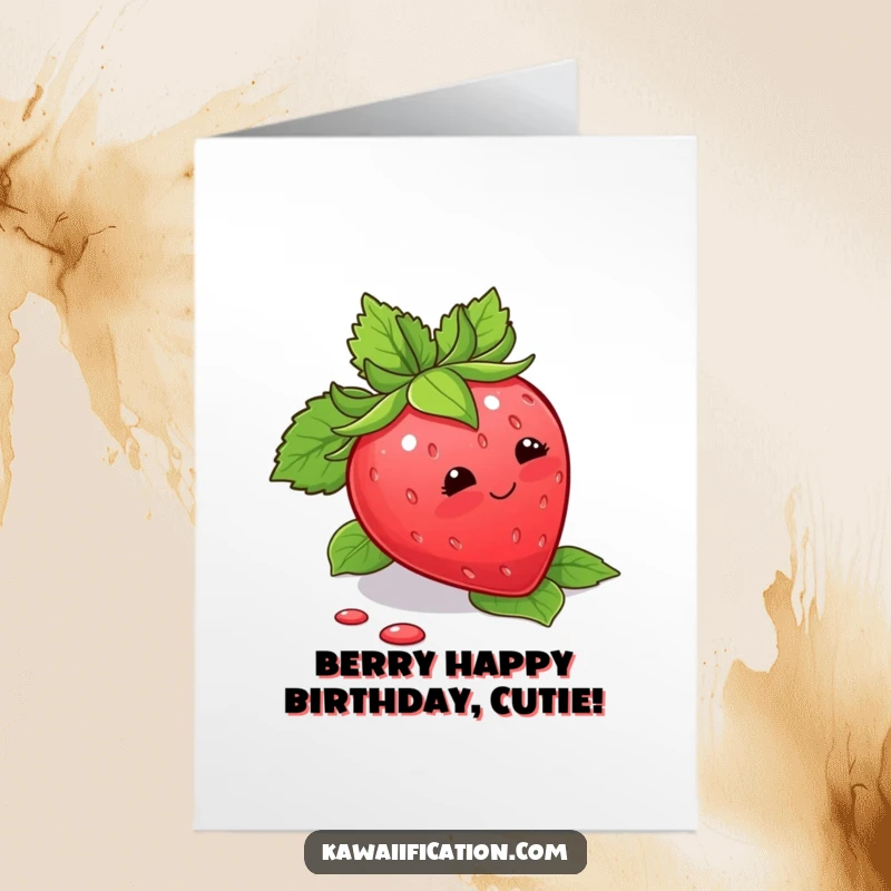 Funny Free Printable Birthday Card with a blushing strawberry tripping over its own leaves, looking adorably flustered.