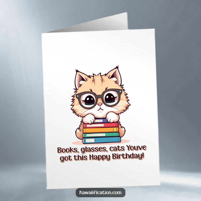 Funny free printable birthday card featuring a fluffy cat with giant glasses precariously balancing a tall stack of books.
