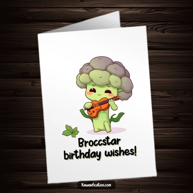 Funny Free Printable Birthday Card: Shy Broccoli Floret Hesitantly Plays a Tiny Violin with Emotion