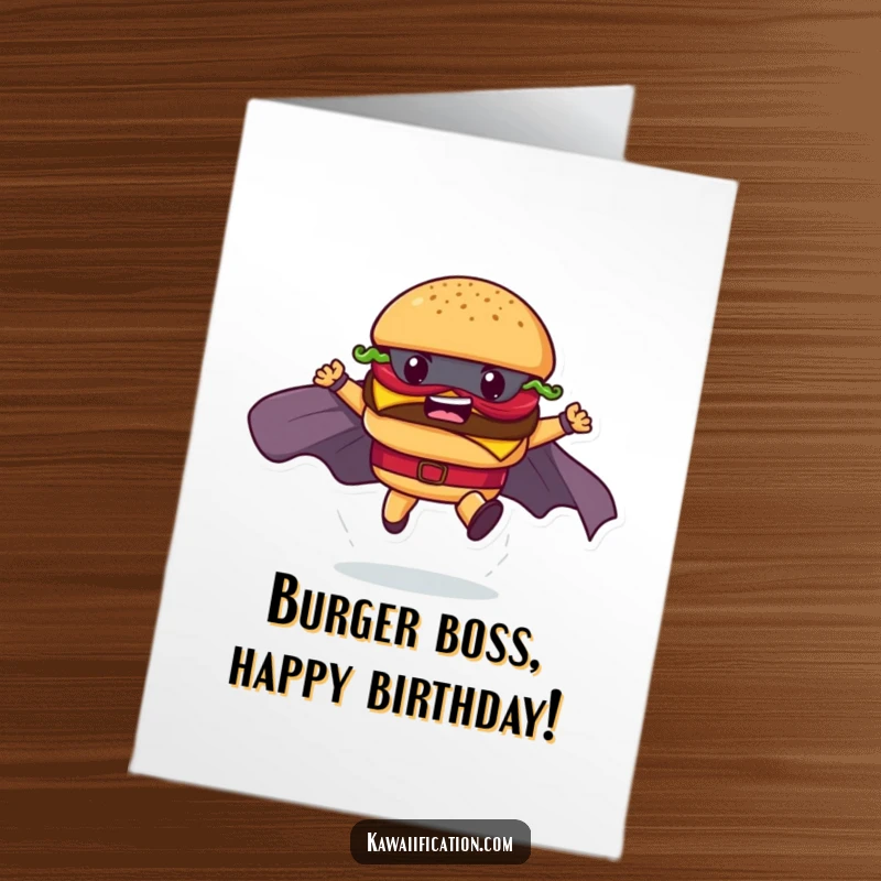 Funny Free Printable Birthday Card: A determined hamburger character strikes a superhero landing pose, celebrating a heroic birthday.
