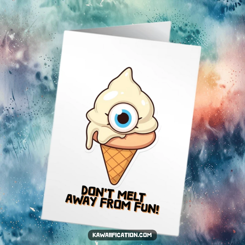 Funny Free Printable Birthday Card: A melting ice cream cone with one giant eye looking utterly confused, a sweet and silly greeting.