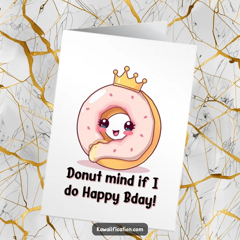 Funny Free Printable Birthday Card showing a donut with a tiny crown attempting to evade an incoming bite.