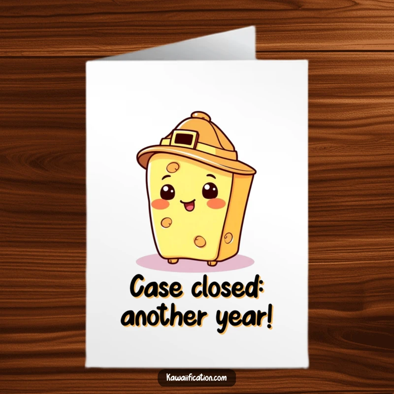 Funny Free Printable Birthday Card featuring a proud cheese slice detective in a hat, ready to solve your celebration needs.