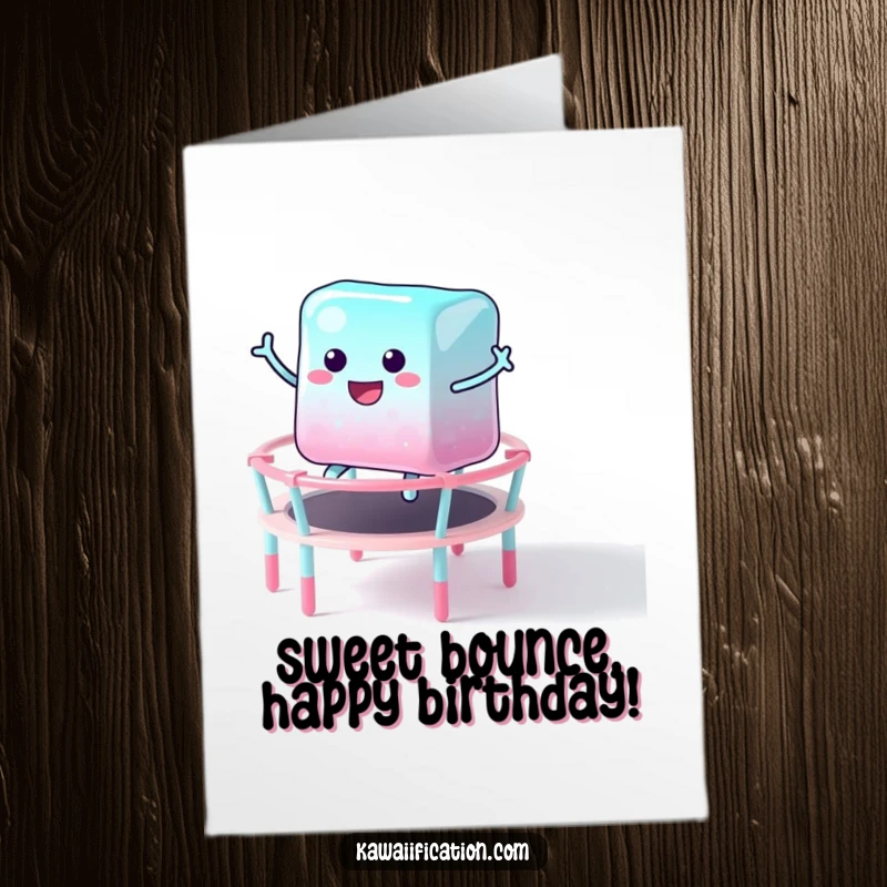 Funny Free Printable Happy Birthday Card: Wobbly jelly cube gleefully bouncing high on a vibrant candy trampoline.