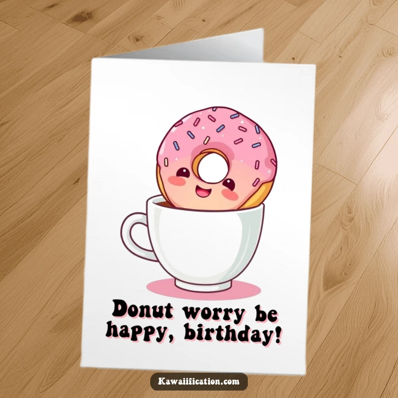 Funny Free Printable Birthday Card: A delighted donut chuckles while doing a headstand in a coffee cup.