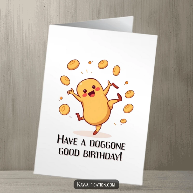 Funny Free Printable Birthday Card: A hot dog character performing a dramatic cartwheel while playfully juggling buns, celebrating with gusto.