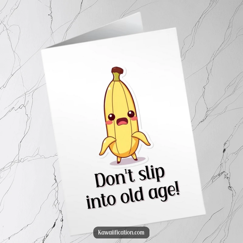 Funny Free Printable Birthday Card: A startled banana character whose peel is comically slipping off, mid-fall.