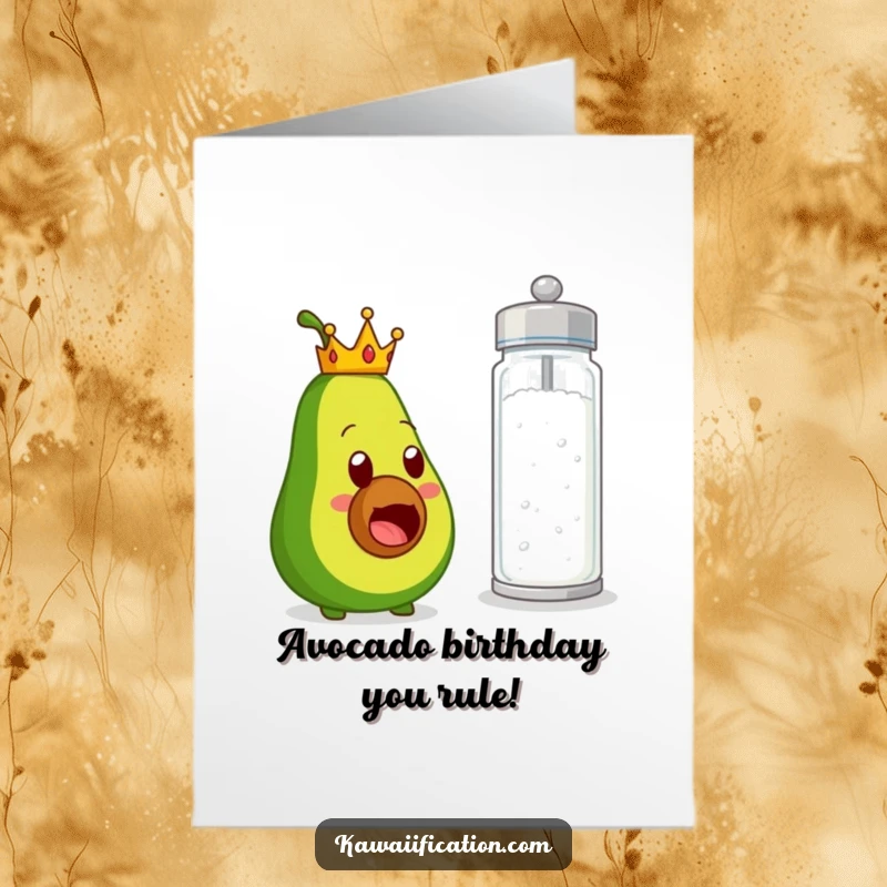 Funny Free Printable Birthday Card: A tiny-crowned avocado looking shocked at a massive salt shaker.