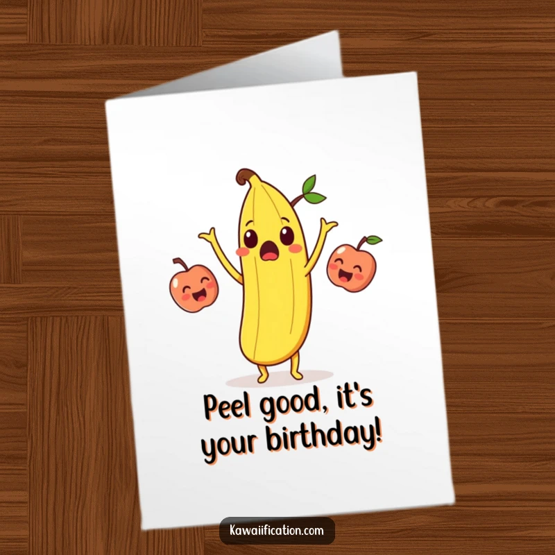Funny Free Printable Birthday Card: A surprised banana peel comically juggling three laughing apples, a slippery situation turned hilarious.