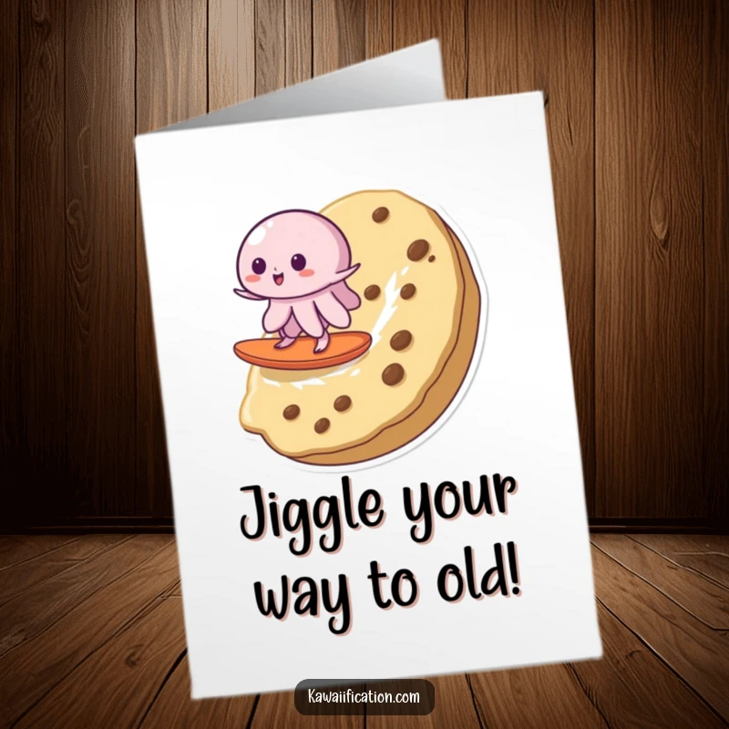 Funny Free Printable Birthday Card of a wobbly jelly attempting to surf a giant cookie with a smile.