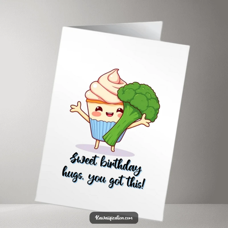 Funny Free Printable Birthday Card: Happy cupcake with frosting arms reaching for a grumpy broccoli, a hug attempt, hilarious for birthdays.