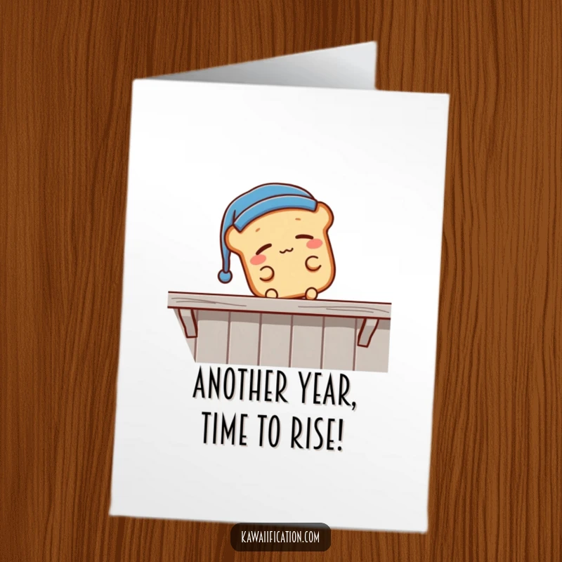 Funny Free Printable Birthday Card: A sleepy bread loaf in a nightcap tumbling off a shelf, perfect for a funny birthday surprise.