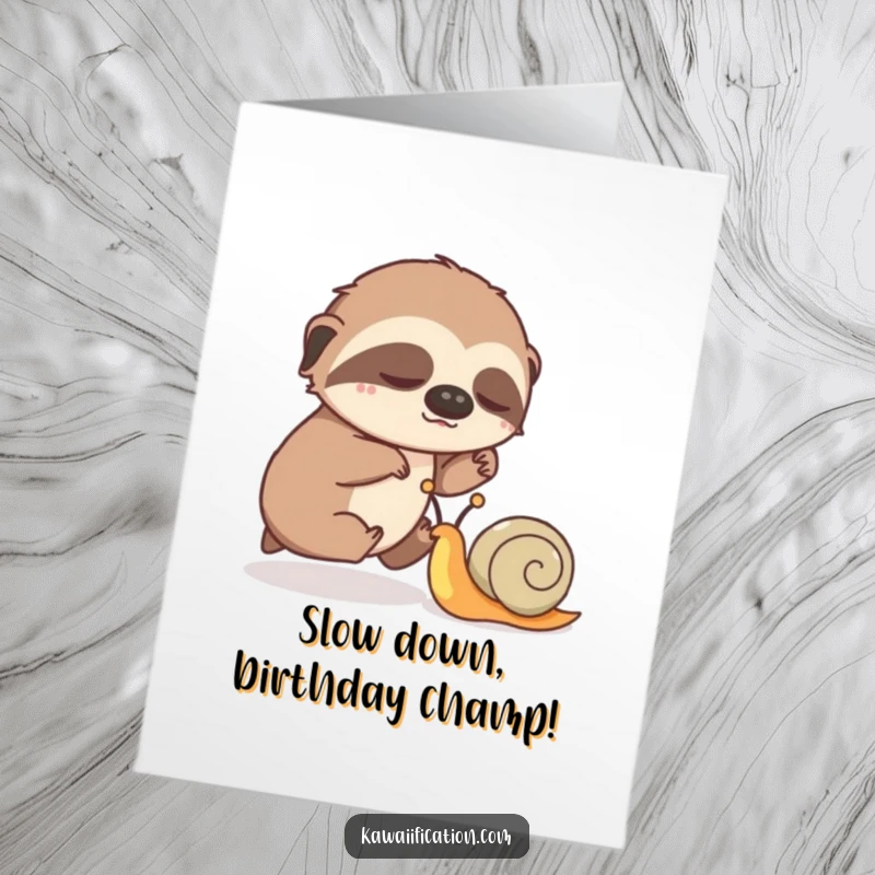 Funny Free Printable Birthday Card: A sleepy sloth hilariously loses a race to a speedy snail, downloadable for a laugh.