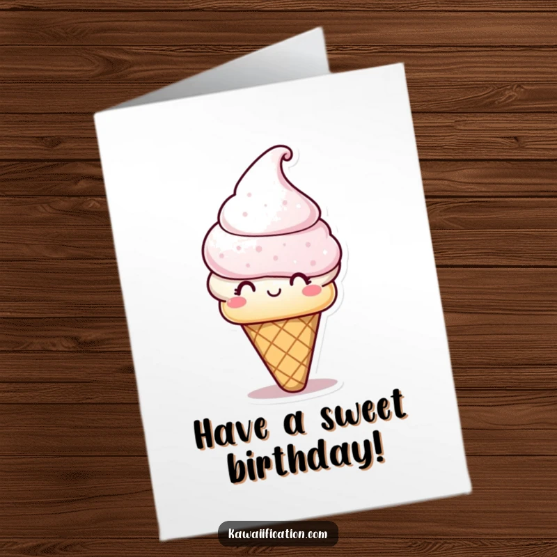 Funny Free Printable Birthday Card featuring a playful ice cream cone character wearing a cute cone-shaped hat for a sweet party.