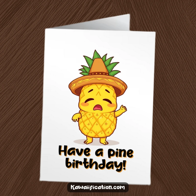 Funny Free Printable birthday card of a bewildered pineapple in a sombrero attempting to limbo.