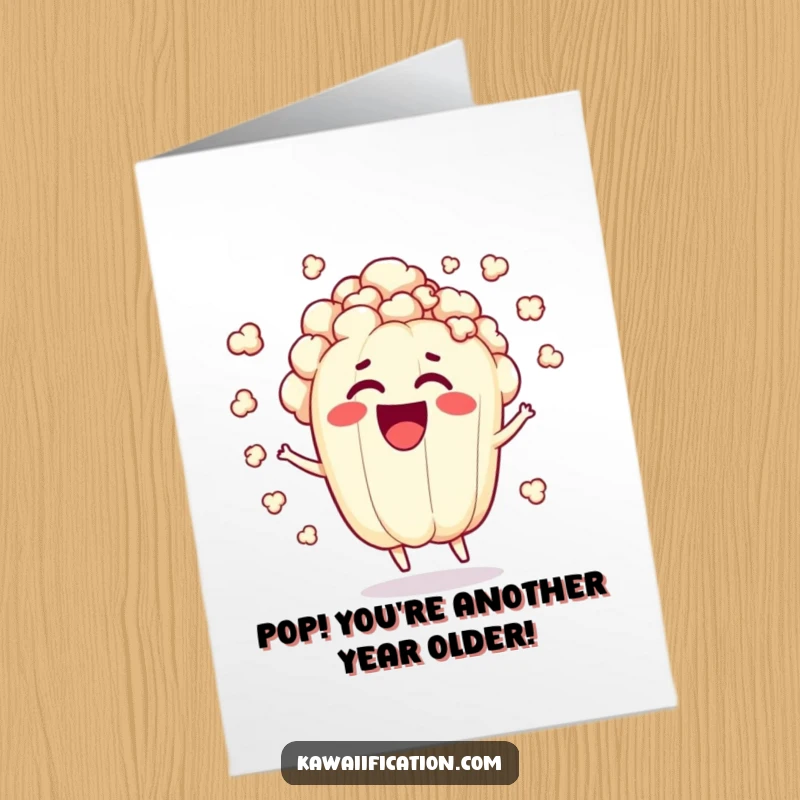 Funny Free Printable Birthday Card featuring a surprised popcorn kernel character exploding with pure joy for a lively celebration.