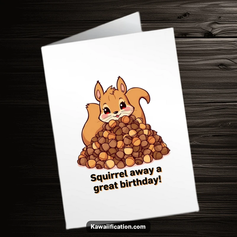 Funny Free Printable Squirrel Birthday Card showing a mischievous squirrel hoarding a huge pile of acorns.