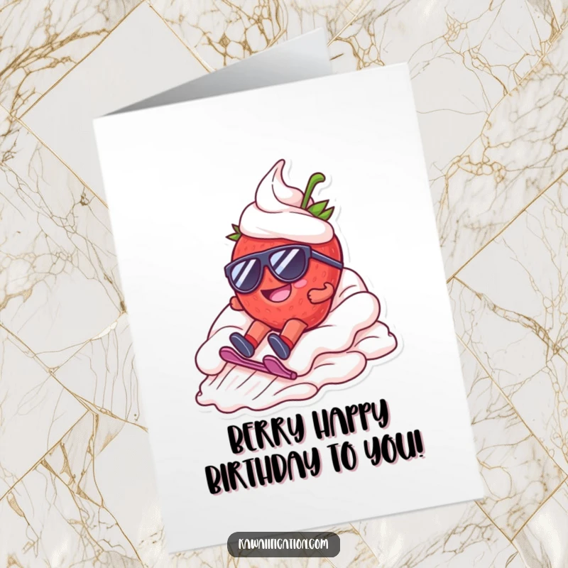 Funny Free Printable birthday card of a happy strawberry with sunglasses sliding down whipped cream.