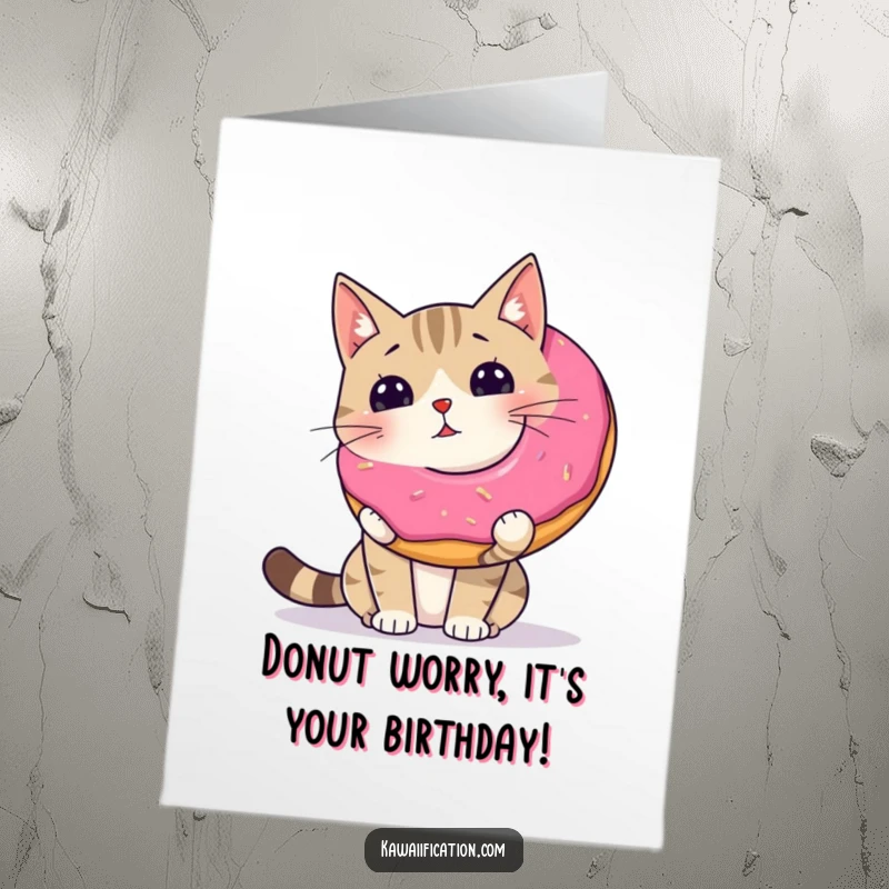 Funny Free Printable Happy Birthday card: a wobbly cat struggling to balance a giant donut on its nose.
