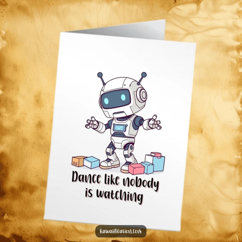 Funny free printable birthday card featuring a clumsy robot dancing wildly and knocking over art supplies with a cheerful expression.