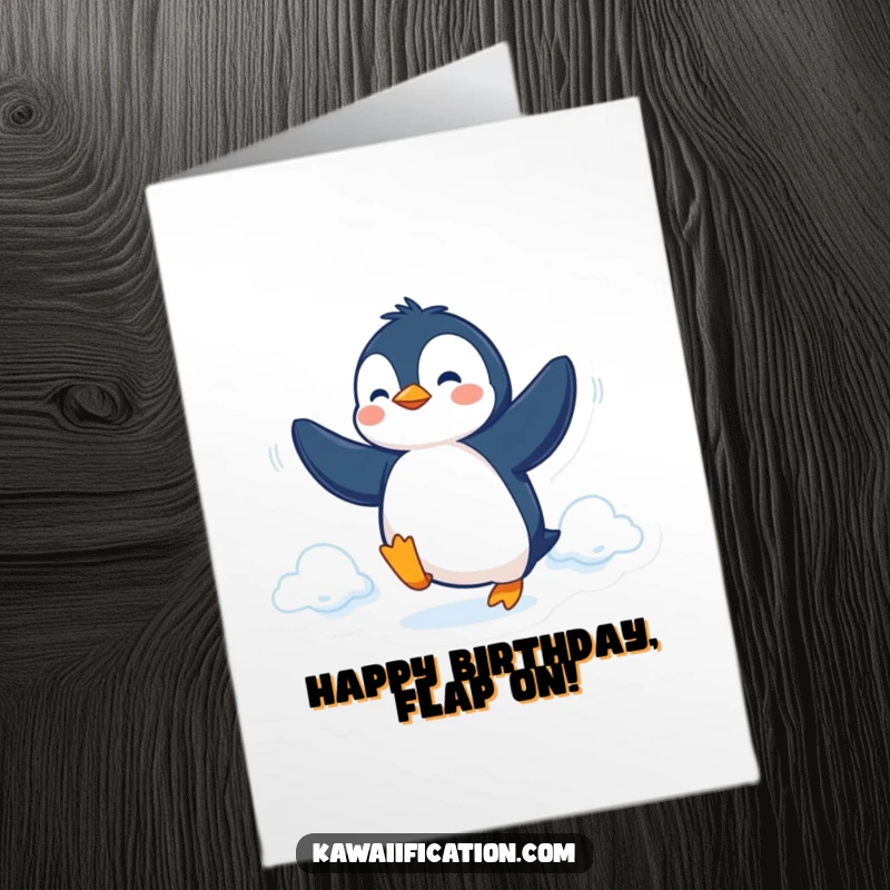 Funny Free Printable Birthday Card with a determined penguin flapping flippers, hilariously attempting to fly towards the sky.