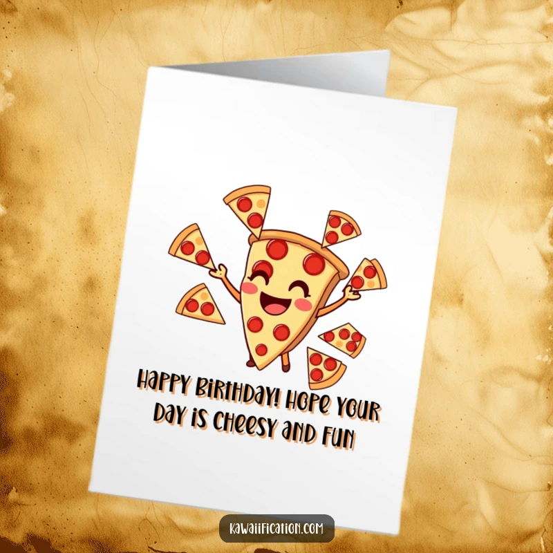 Funny free printable birthday card featuring a smiling pizza slice expertly juggling multiple pepperoni slices with joy.
