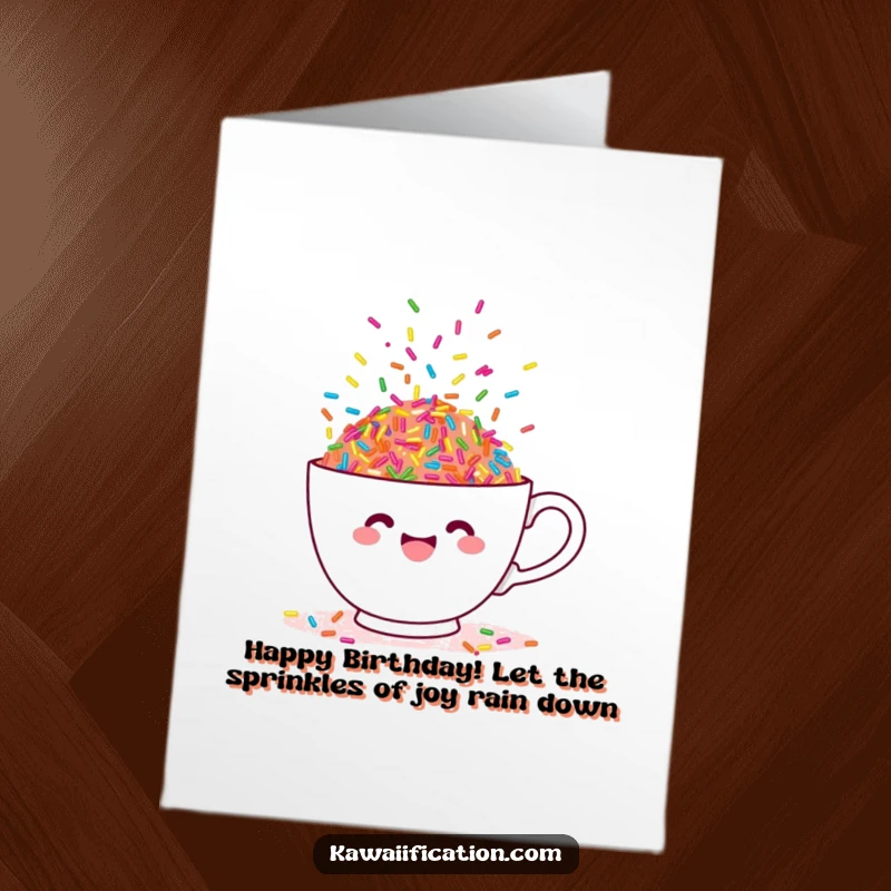 Funny free printable birthday card featuring a happy teacup overflowing with vibrant, dancing sprinkles for a festive occasion.