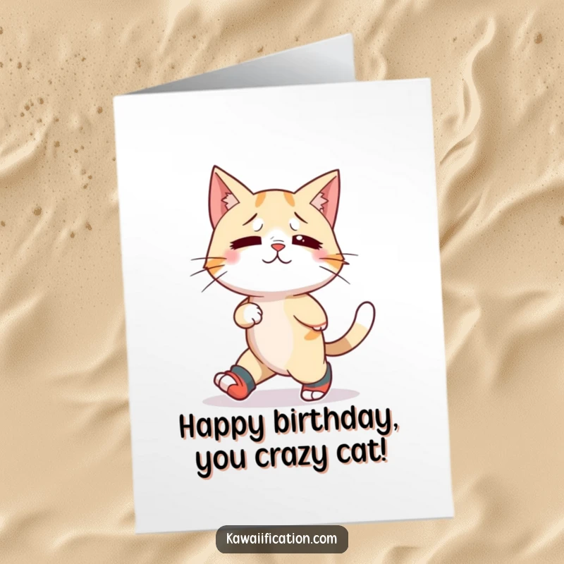 Funny Free Printable Birthday Card: Confused cat wearing mismatched socks hilariously walks backward, ready to party.