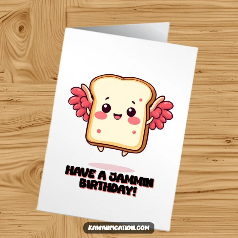 Funny Free Printable Birthday Card: Joyful toast slice with jam wings attempts flight, spreading birthday cheer.