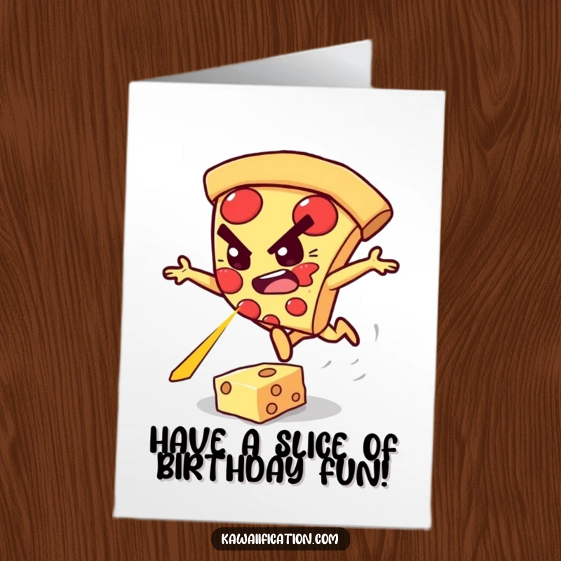 Action-packed free printable birthday card of a determined pizza slice leaping over a cheese laser.