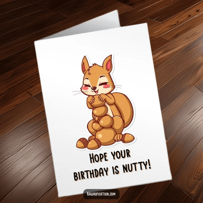 Funny free printable birthday card showing a determined squirrel precariously balancing a huge stack of acorns, a great downloadable.