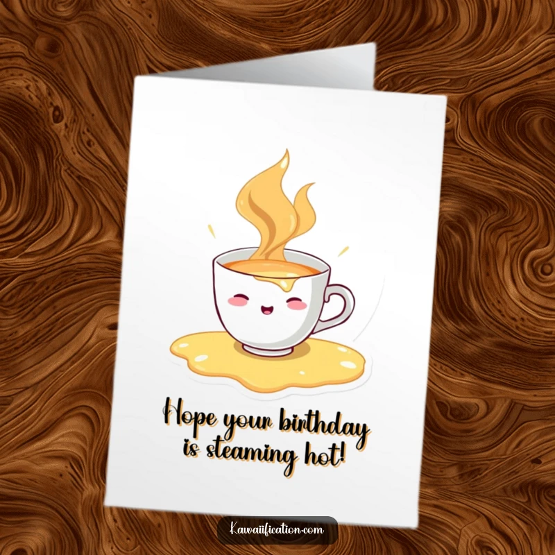 Funny free printable birthday card featuring a cheerful teacup character hilariously spilling its own hot liquid, a great downloadable.