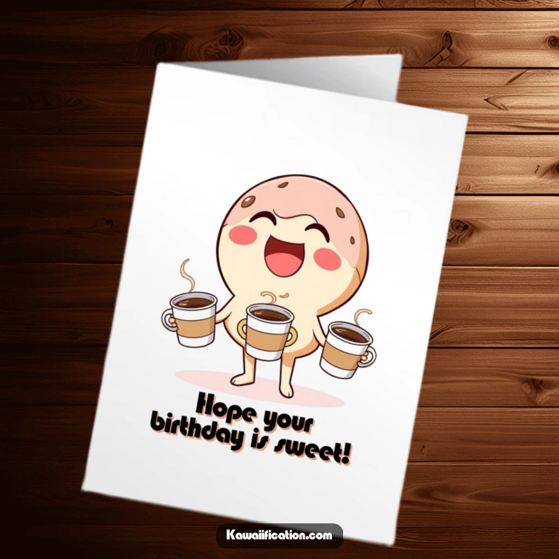 Funny Free Printable Birthday Card: Laughing donut character expertly juggles three tiny coffee cups, ready to celebrate.