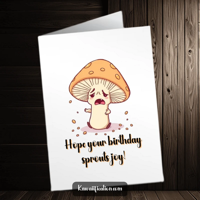Funny Free Printable Happy Birthday card: a nervous mushroom character tripping over its cap, scattering spores.