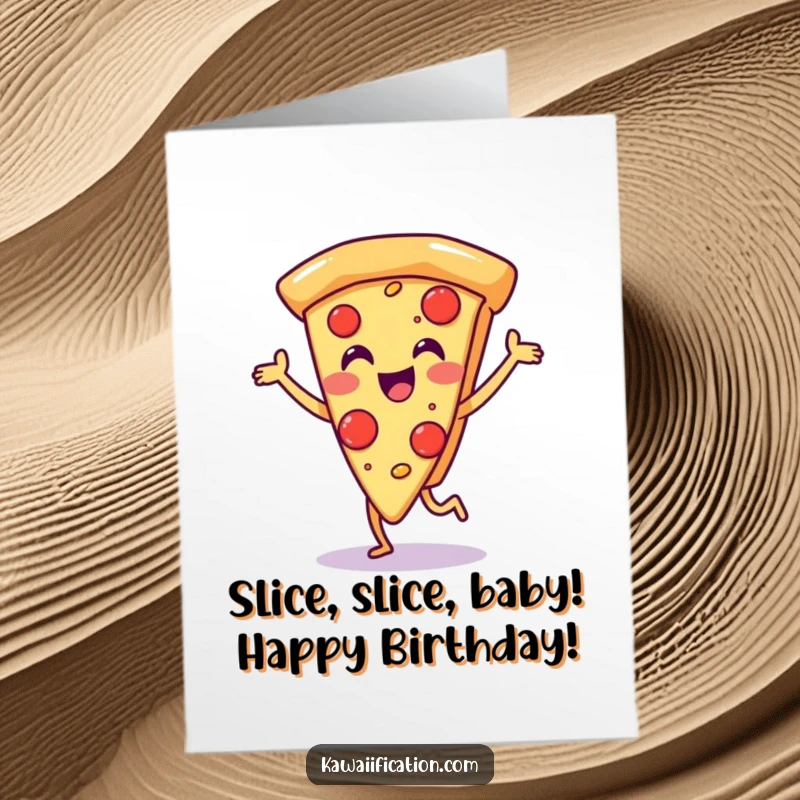 Funny Free Printable Birthday Card: A joyful pizza slice character doing a cheerful little dance, ready to party.