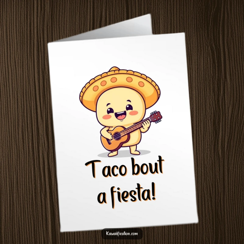 Funny Free Printable birthday card featuring a delighted taco in a mariachi hat playing a guitar.