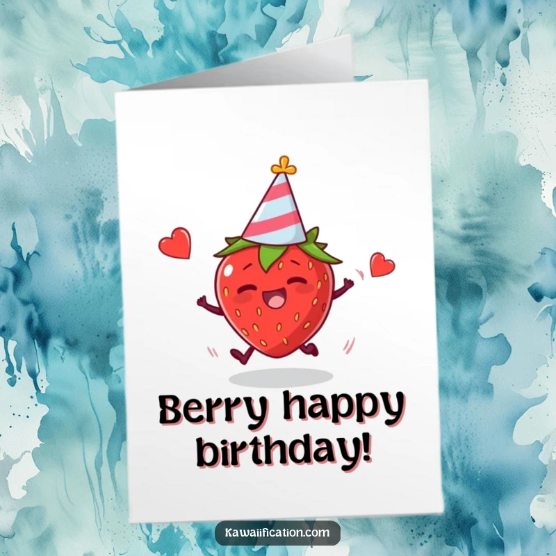 Funny Free Printable Birthday Card: Plump Strawberry in Party Hat Trips Hilariously Mid-Celebration