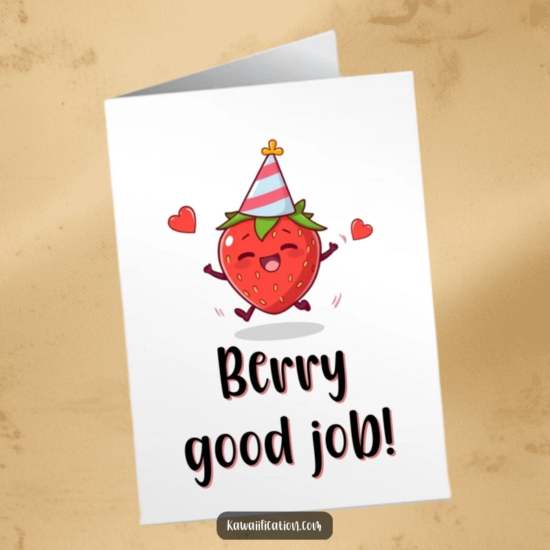 Funny Free Printable Congrats Card: Plump Strawberry in Party Hat Takes a Hilarious Tumble