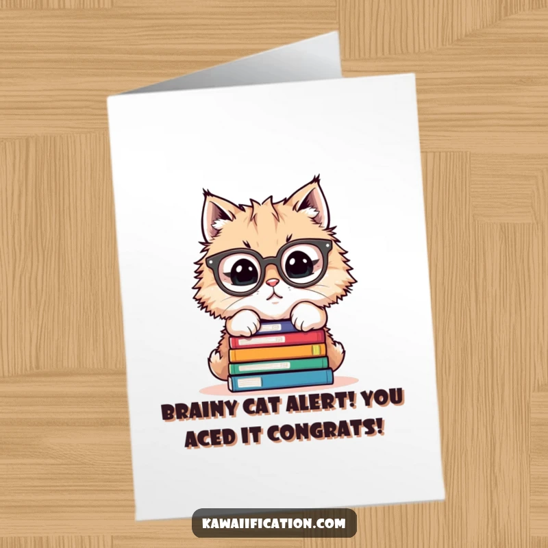Funny free printable congratulations card showing a smart cat in glasses celebrating an achievement with a stack of books.