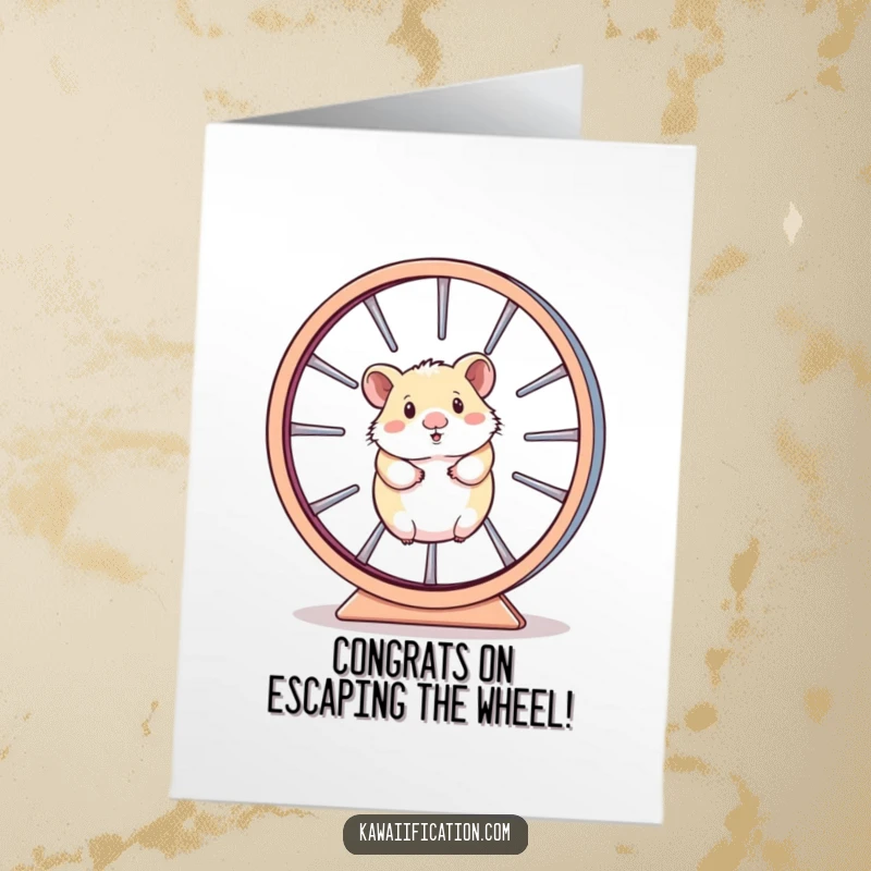 Funny Free Printable Congratulations Card showing a hamster humorously trapped in its own massive, fast-spinning wheel.