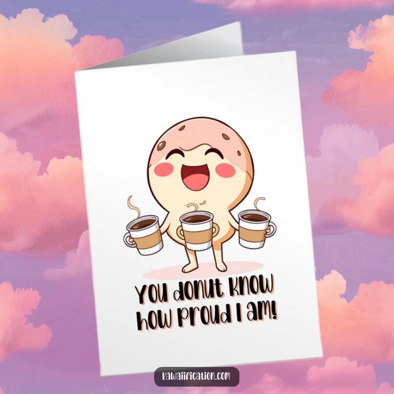 Funny Free Printable Congratulations Card: A laughing donut juggles coffee cups, symbolizing a masterful achievement.