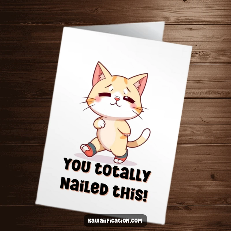 Funny Free Printable Congratulations Card: Confused cat in odd socks attempts a backward walk, celebrating progress humorously.