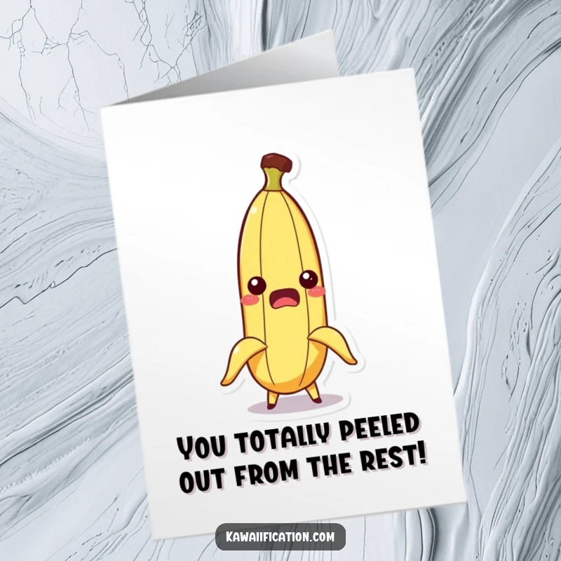 Funny Free Printable Congratulations Card: A startled banana character losing its footing as its peel comically slips away.
